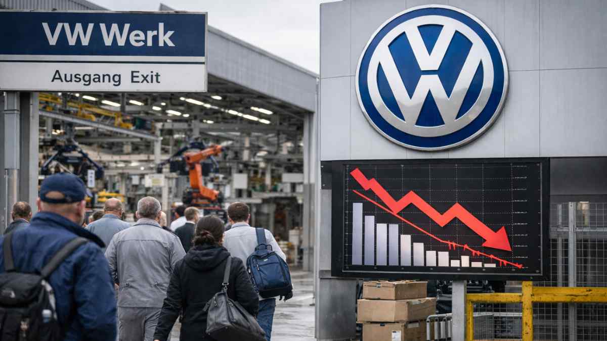 Trabajadores salen de una fábrica de Volkswagen mientras la empresa anuncia 50.000 recortes de empleo tras la caída de sus beneficios.