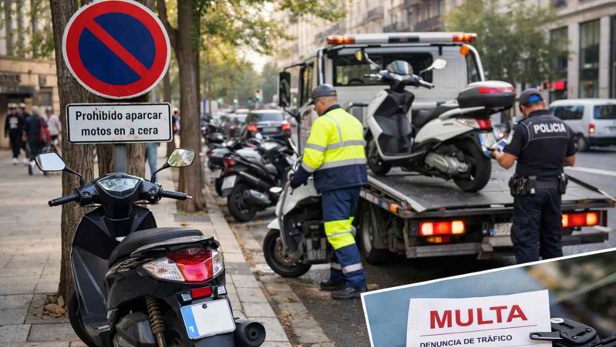 moto retirada por grúa en Madrid por mal aparcamiento en acera