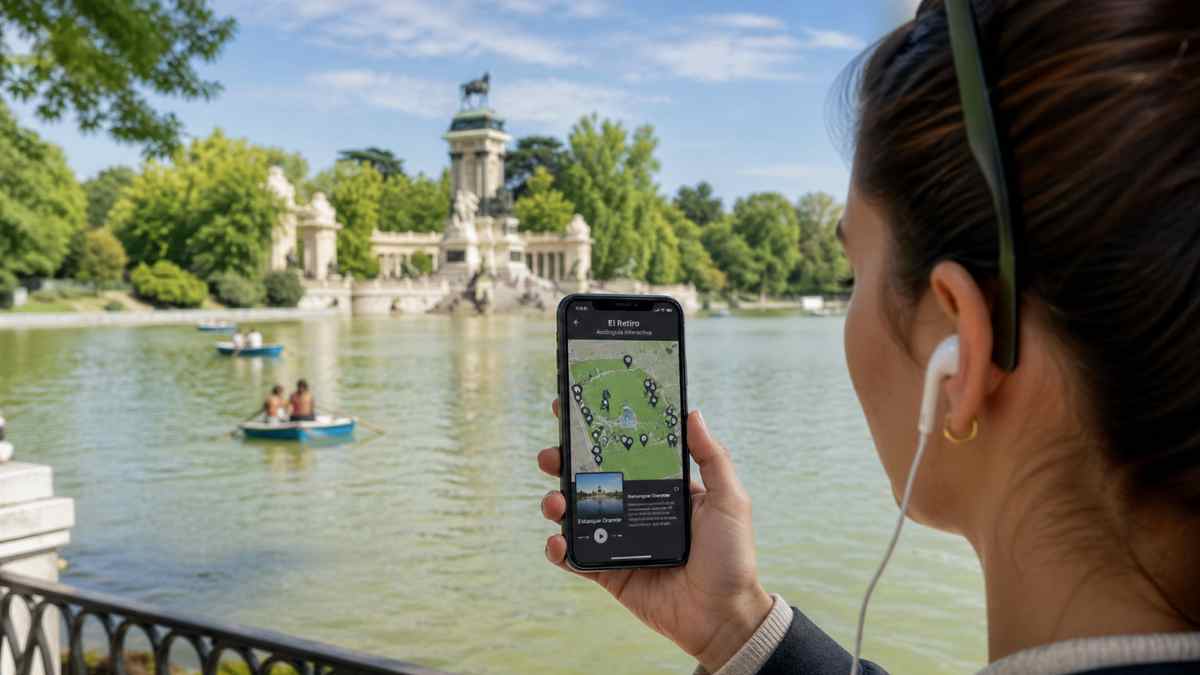 audioguía interactiva en el parque El Retiro de Madrid con mapa en el móvil