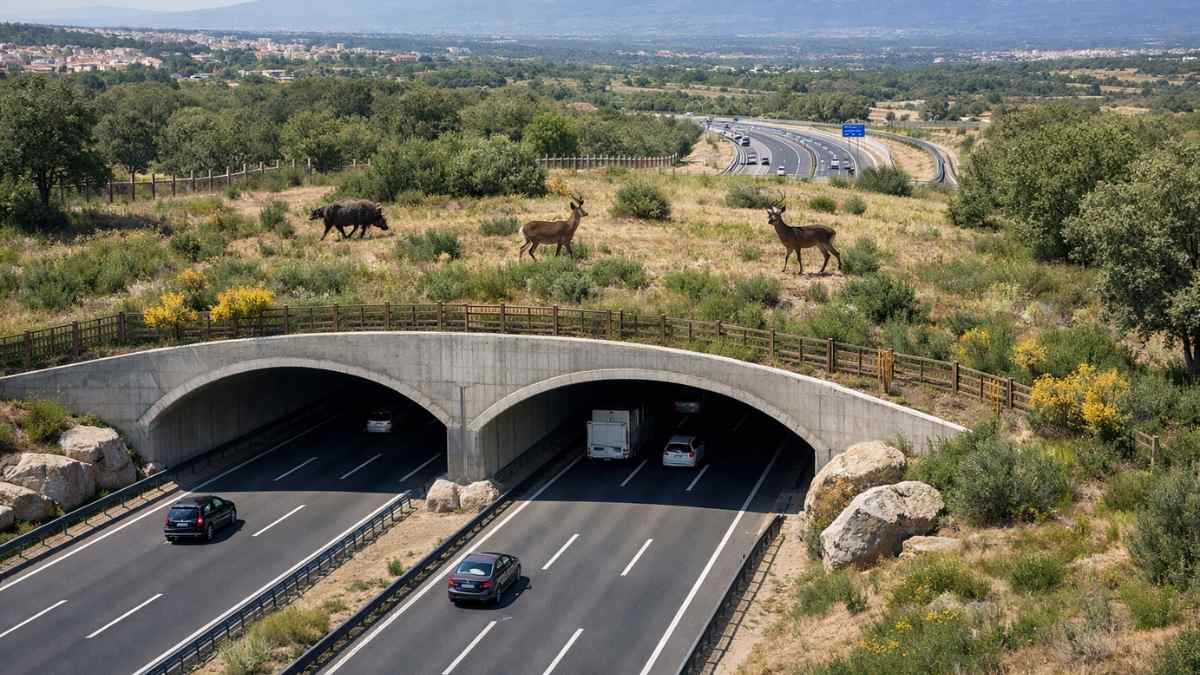 Autopista verde sobre la M-607 en Madrid con ecoducto para animales cruzando la carretera de forma segura