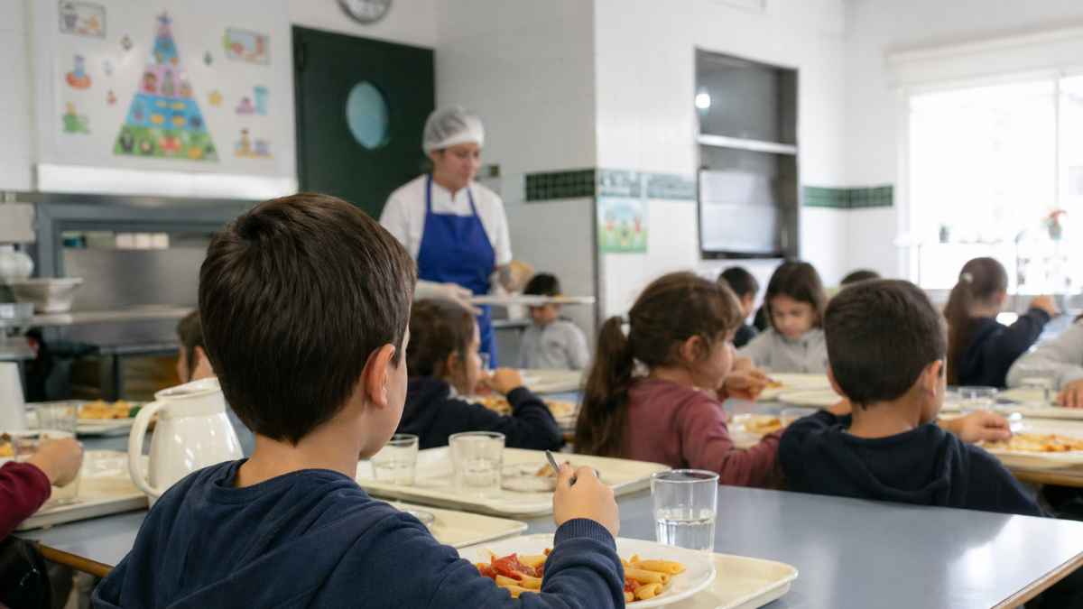 Alumnos comiendo en un comedor escolar en Madrid durante el servicio financiado por becas de comedor 2026 2027