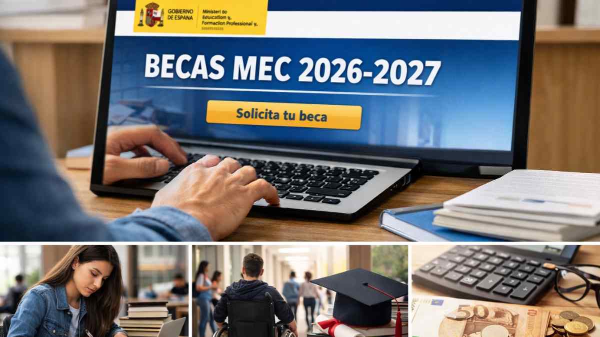 Becas MEC 2026-2027 solicitud online en ordenador con estudiante y ayudas económicas