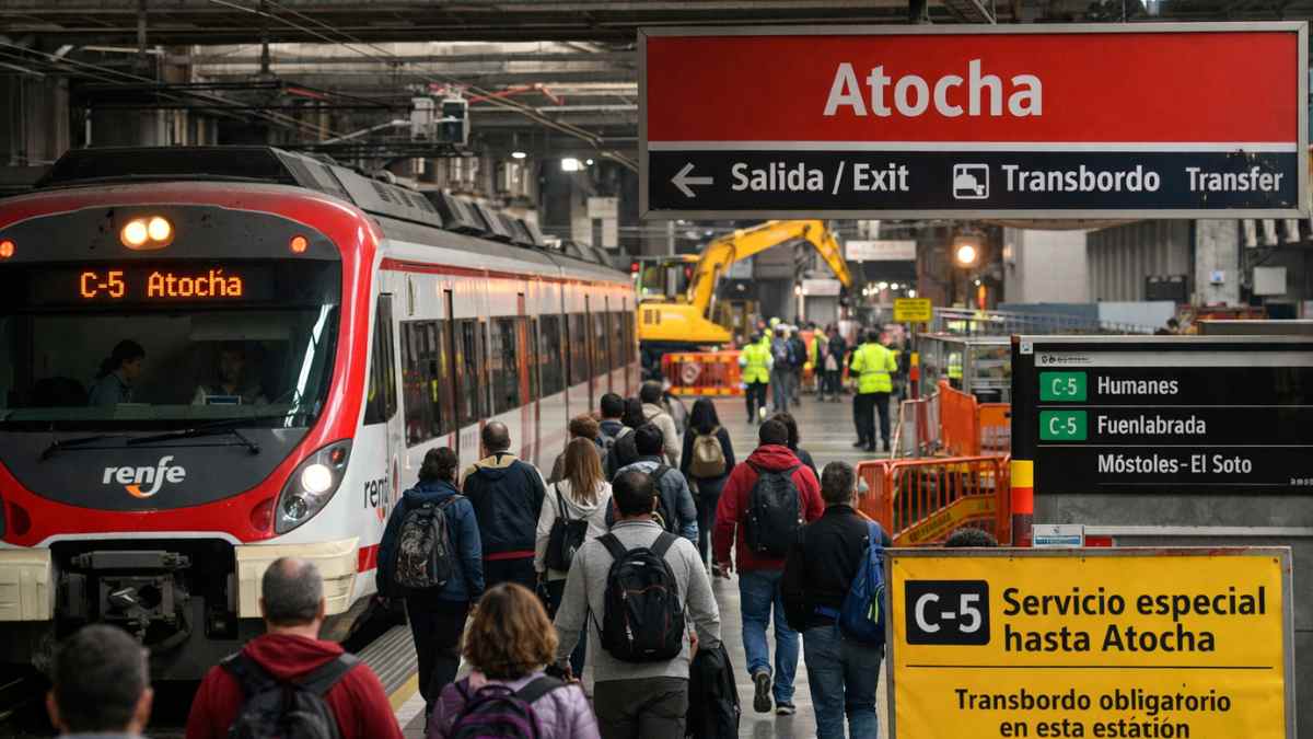Tren de la línea C-5 de Cercanías Madrid en Atocha con pasajeros y aviso de transbordo por obras