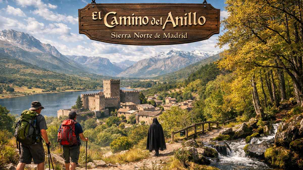 Camino del Anillo en la Sierra Norte de Madrid con senderistas y pueblo medieval junto a un embalse