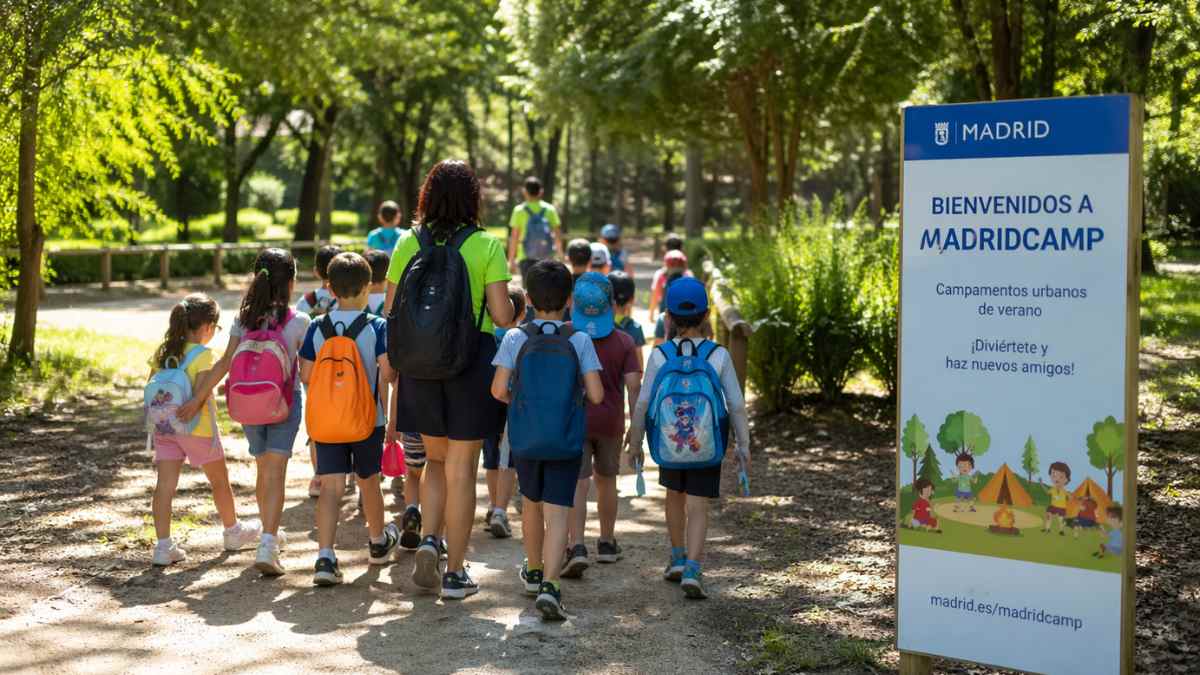 Niños caminando en campamento urbano de verano MadridCamp con monitor en parque de Madrid