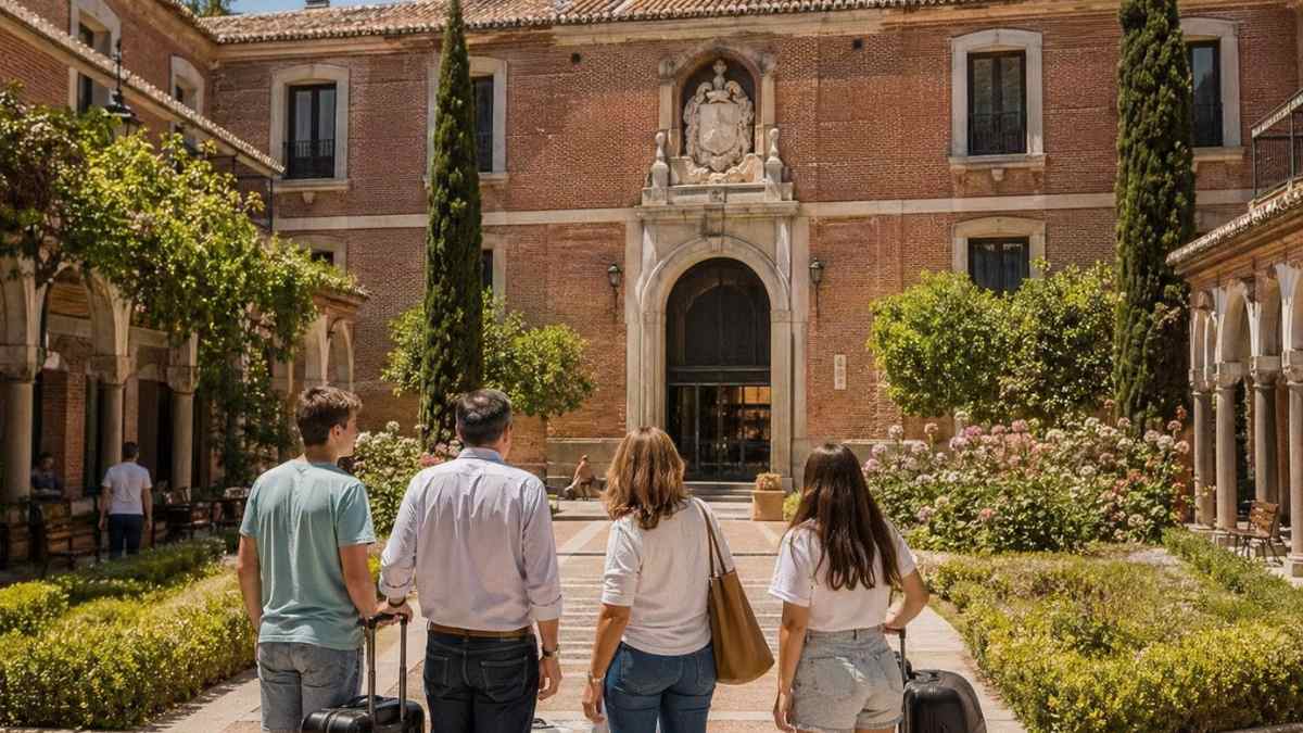 Familia llegando a un colegio mayor en Madrid en verano para alojamiento universitario temporal