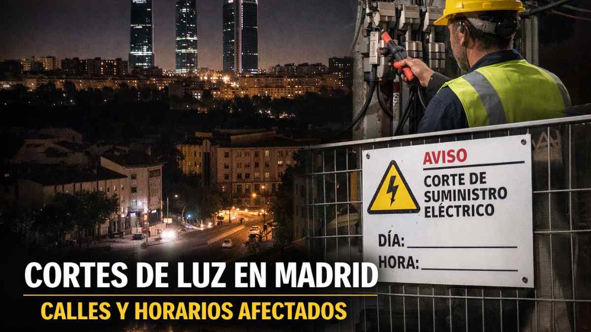 Cortes de luz en Madrid con operario eléctrico revisando instalación y aviso de suministro eléctrico en calles afectadas