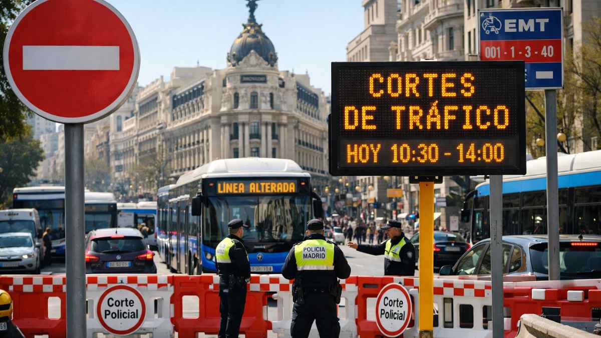 Cortes de tráfico en Madrid con policía municipal y desvíos de autobuses EMT en el centro