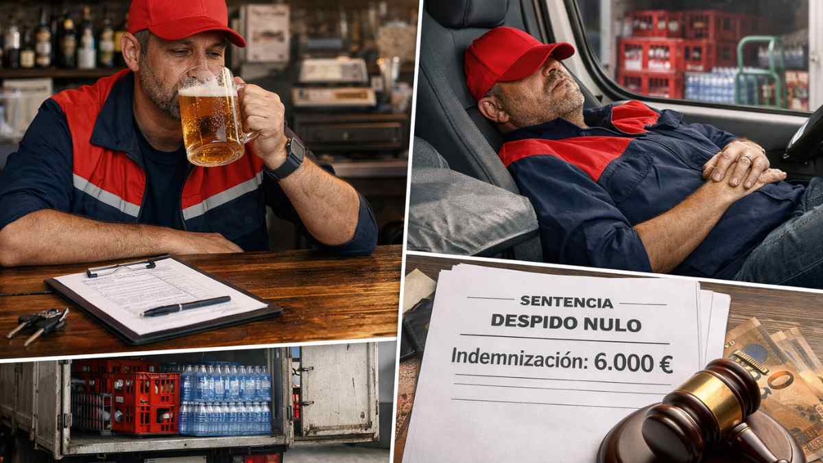 Repartidor bebiendo cerveza en un bar y descansando en la cabina del camión tras ser despedido declarado nulo
