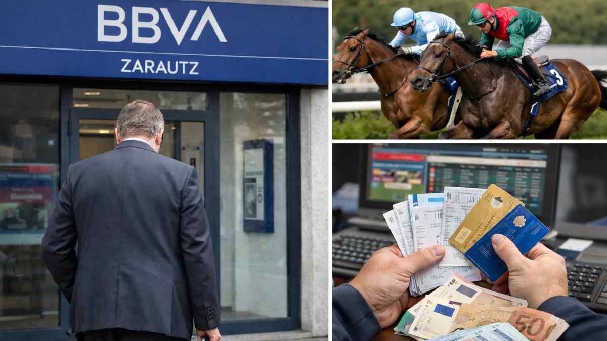 director de BBVA en Zarautz saliendo de la oficina tras ser despedido por usar tarjetas en apuestas hípicas