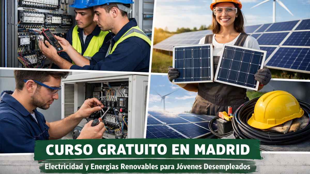 Curso gratuito de electricidad y energías renovables en Madrid para jóvenes desempleados trabajando con paneles solares e instalaciones eléctricas