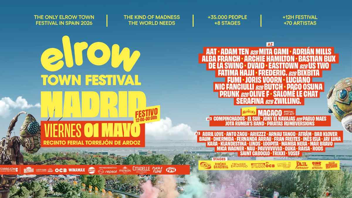 Cartel oficial Elrow Town Madrid 2026 con artistas, horario y recinto en Torrejón de Ardoz