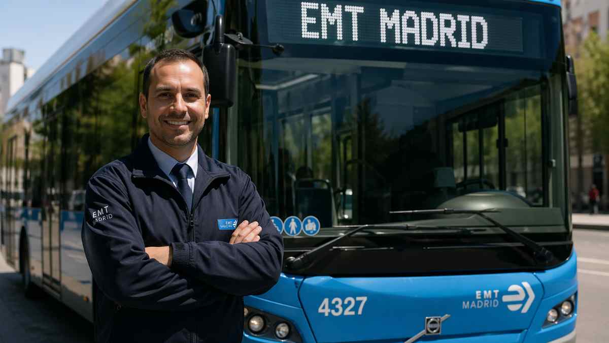Conductor de EMT Madrid junto a autobús urbano en convocatoria de empleo para nuevos conductores