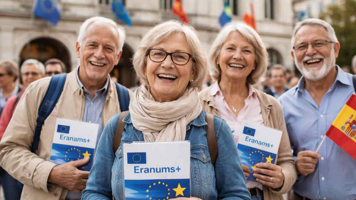 Personas mayores con folletos de Erasmus en Madrid participando en programas universitarios internacionales