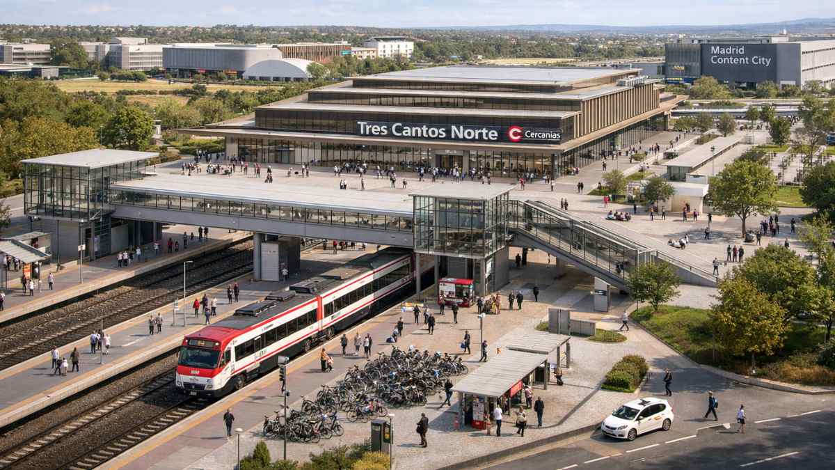 Estación de Cercanías Tres Cantos Norte en Madrid con tren de la línea C-4b y acceso principal de viajeros