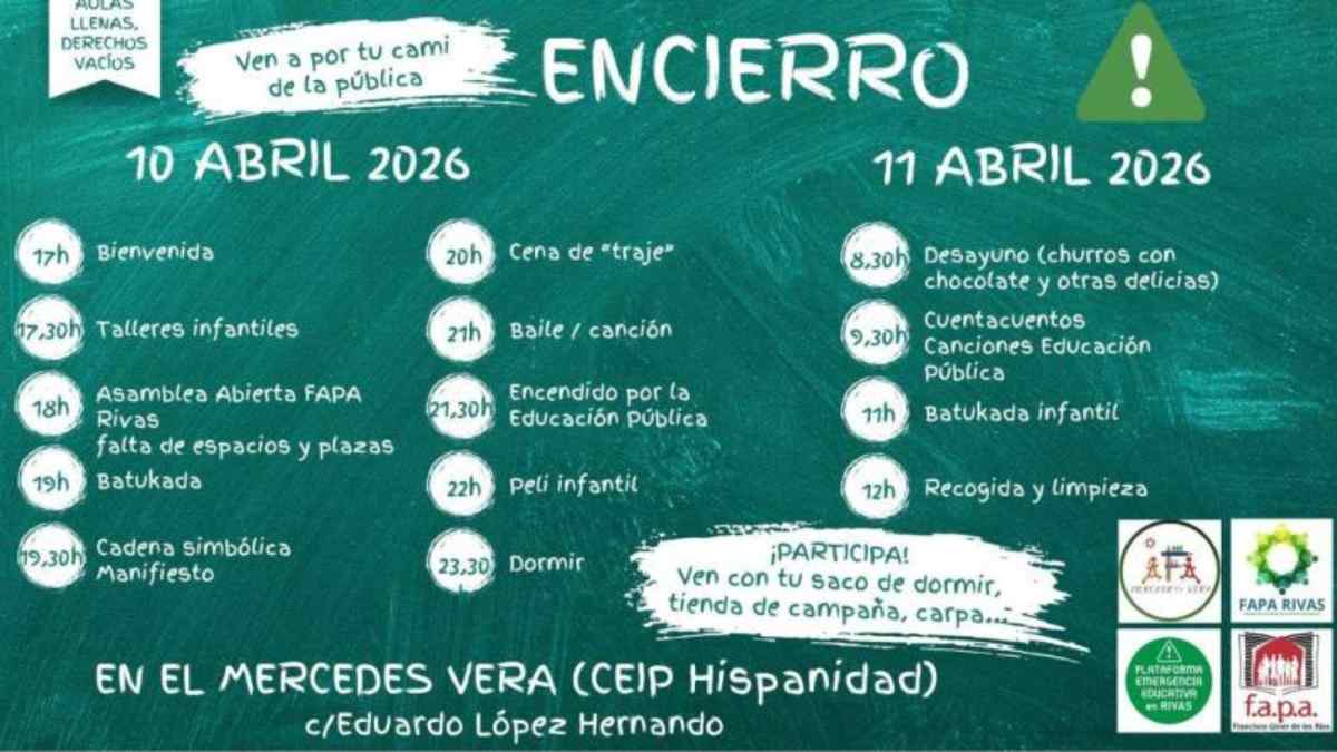 Cartel del encierro de familias en el CEIP Mercedes Vera para exigir el fin de las obras en Rivas