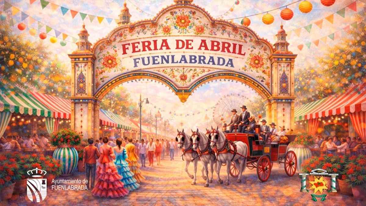 Feria de Abril Fuenlabrada 2026 con portada decorada, carruaje de caballos y ambiente festivo andaluz