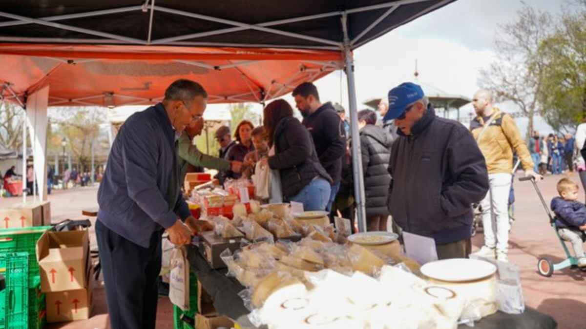 Feria de quesos artesanales en Colmenar Viejo con venta de productos y público comprando