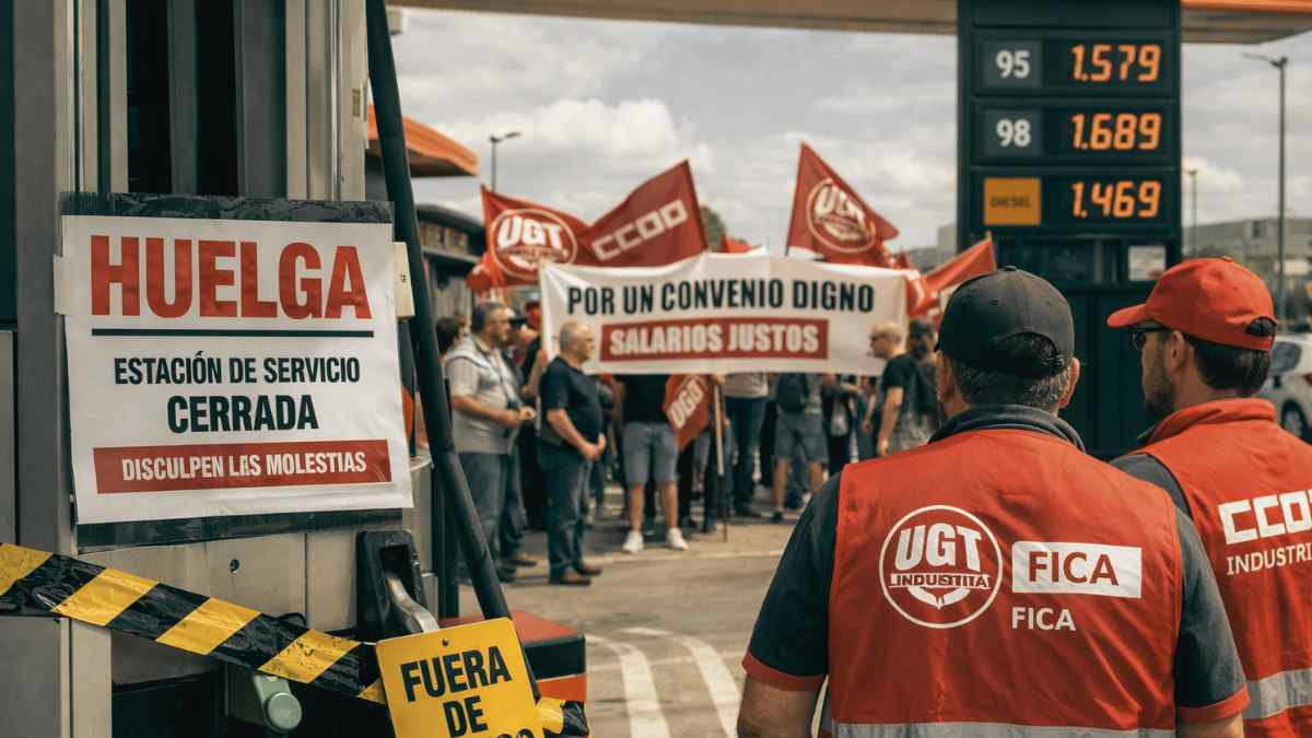 Huelga en gasolineras con estación de servicio cerrada y trabajadores de UGT y CCOO protestando por el convenio