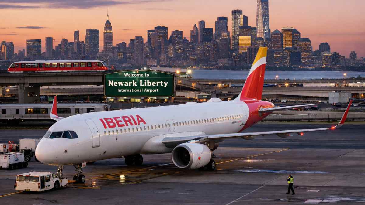 Avión de Iberia Airbus A321XLR en el aeropuerto de Newark con el skyline de Nueva York al fondo