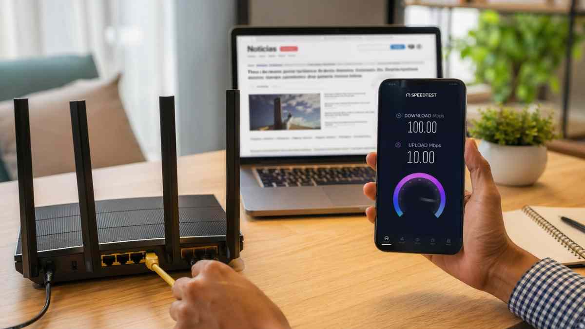 Router WiFi con conexión a internet de 100 Mbps y móvil mostrando test de velocidad en casa