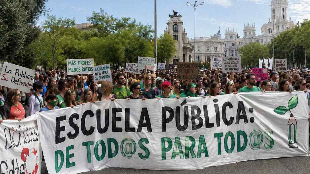 Manifestación por la educación pública en Madrid con pancarta en Cibeles rumbo a Sol