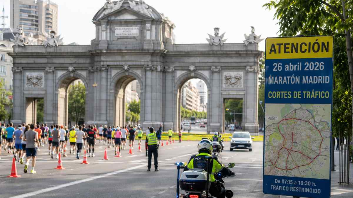 Maratón Madrid 2026 con corredores pasando por Puerta de Alcalá y cortes de tráfico señalizados en la ciudad