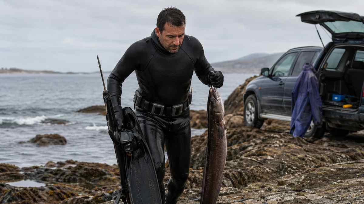 Mecánico de baja por lumbago practicando pesca submarina y cargando un congrio en la costa gallega