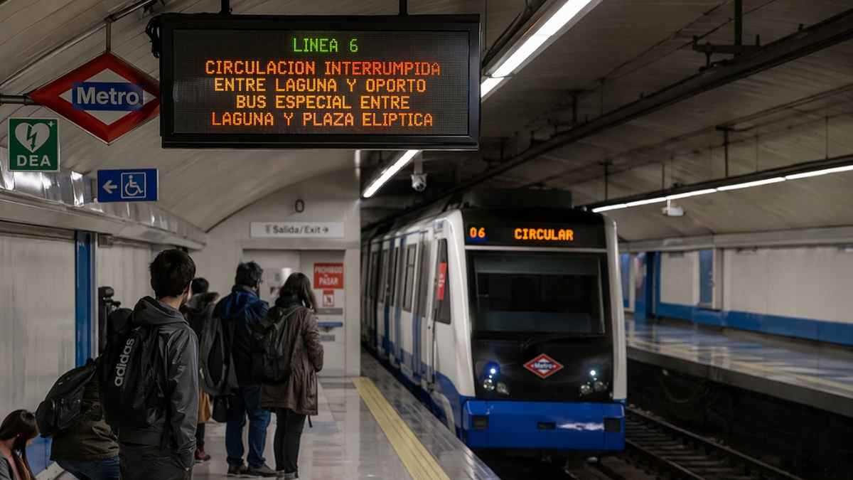 Corte en la línea 6 de Metro de Madrid entre Laguna y Oporto con aviso de servicio interrumpido y viajeros esperando en el andén