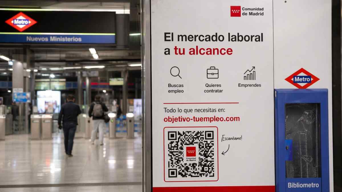 Cartel con código QR para buscar empleo en Metro de Madrid en estación Nuevos Ministerios