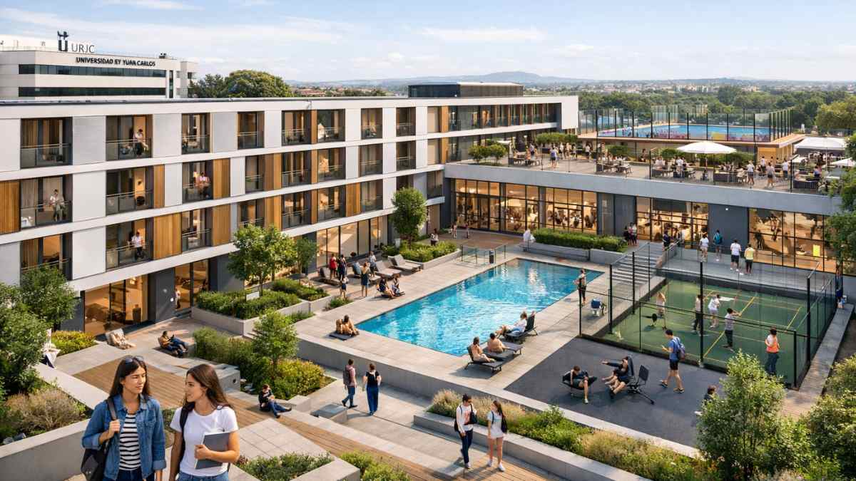 Residencia universitaria en Móstoles con 594 plazas junto a la Universidad Rey Juan Carlos y zonas comunes modernas
