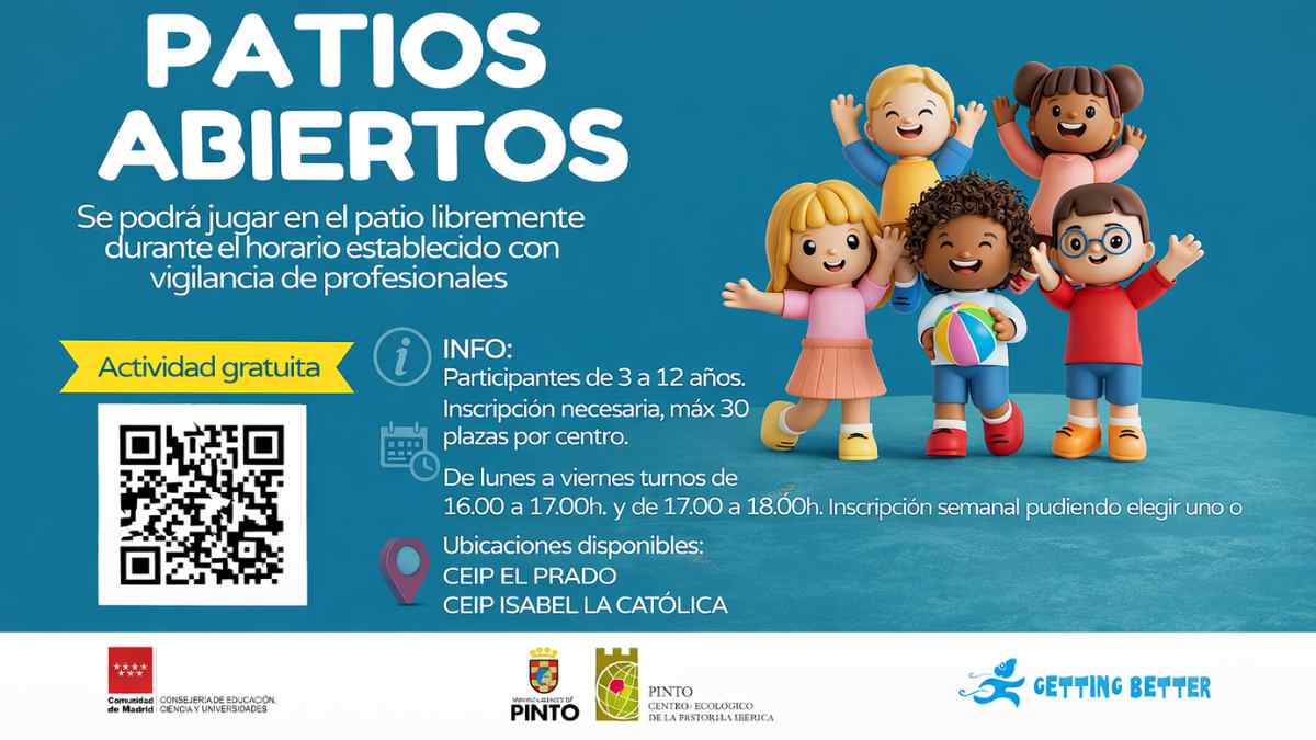 Patios Abiertos en Pinto con actividades gratuitas para niños en colegios públicos de 3 a 12 años
