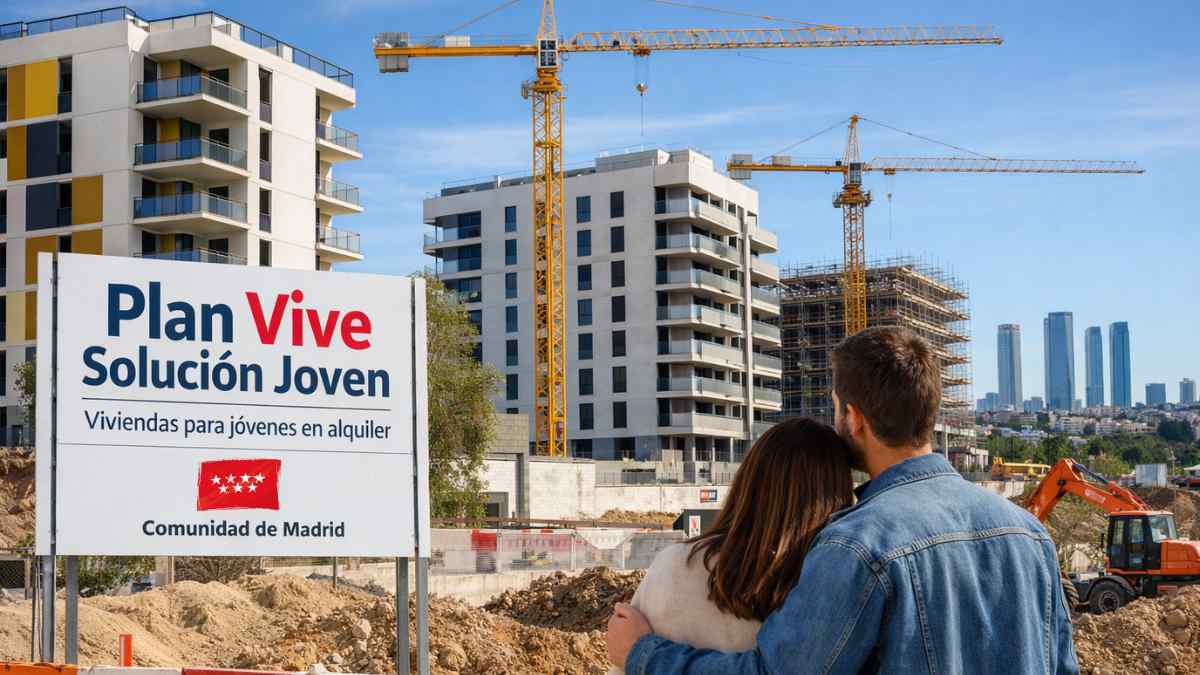 Viviendas del Plan Vive Solución Joven en Madrid en construcción con grúas y jóvenes observando promoción de alquiler asequible