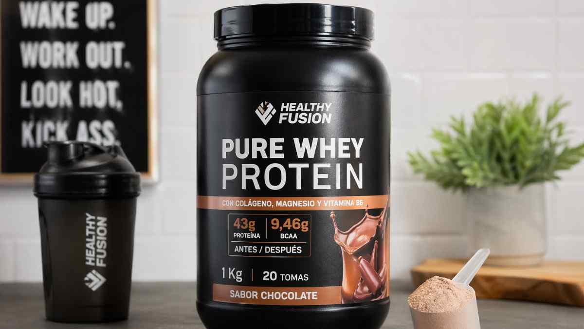 Proteína whey Healthy Fusion sabor chocolate en Amazon con bote de 1 kg y shaker, suplemento deportivo más vendido