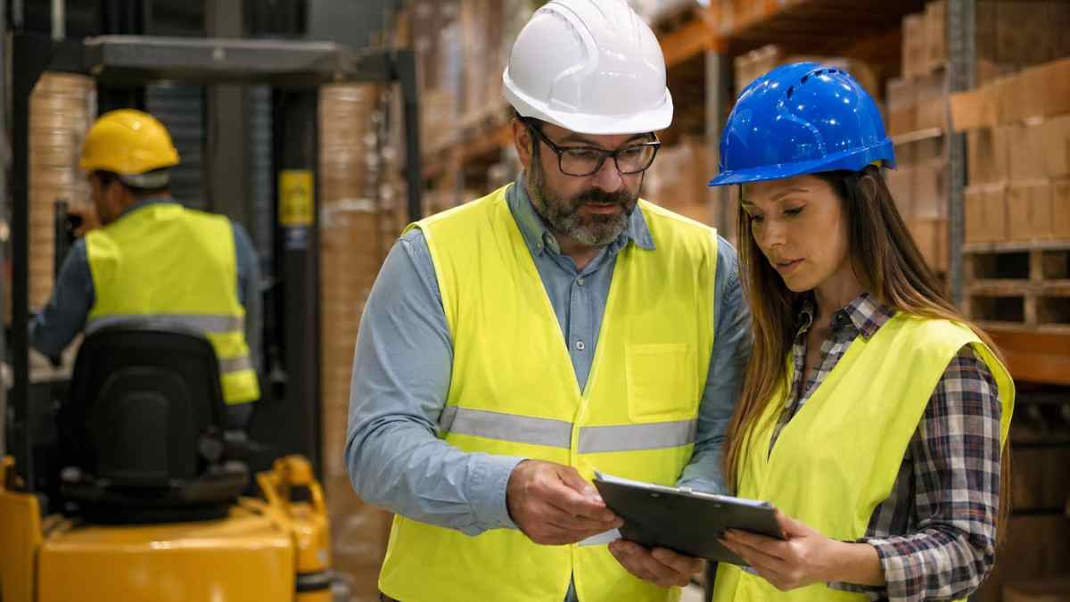 Trabajadores revisando medidas de prevención de riesgos laborales en un almacén de una pyme