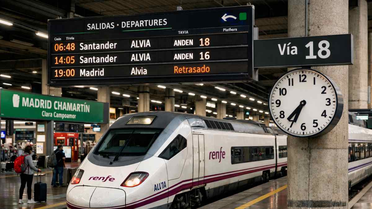 Alvia de Renfe en Madrid Chamartín con nuevos horarios hacia Santander en el panel de salidas