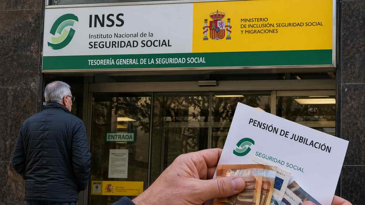 Jubilado frente a oficina de la Seguridad Social con documento de pensión y dinero por devolución de atrasos