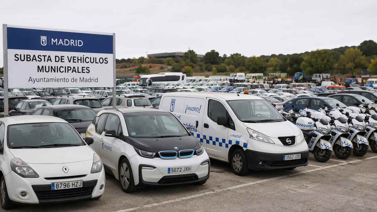 Subasta de coches y motos municipales del Ayuntamiento de Madrid con vehículos aparcados en lote