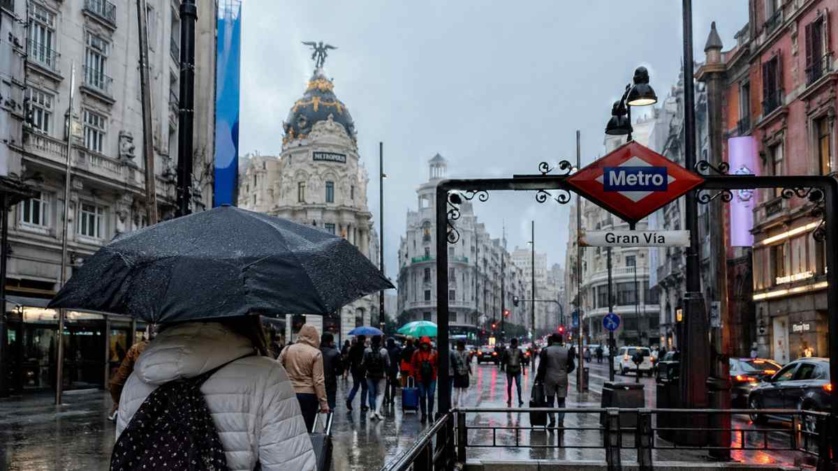 Lluvia en Madrid en Gran Vía con paraguas durante el puente de mayo y previsión de tormentas
