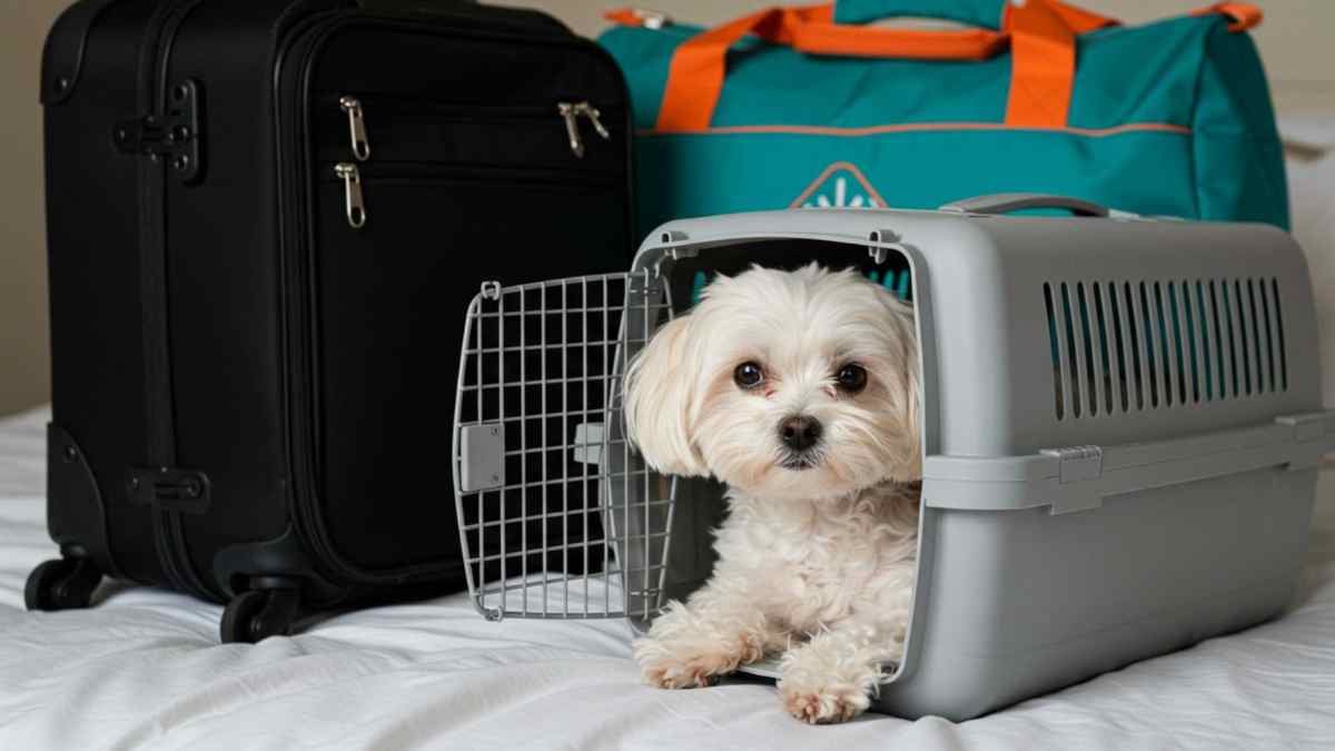 Perro en transportín preparado para viajar con maletas según normativa UE mascotas cinco días dueño