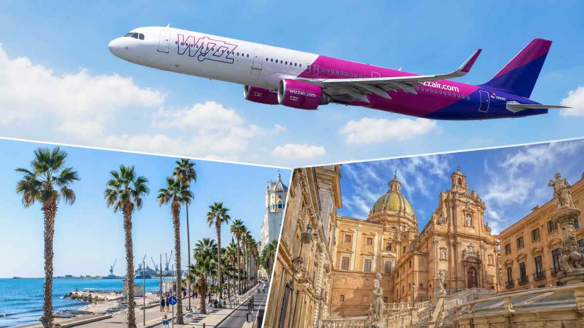 Avión de Wizz Air sobrevolando destinos mediterráneos como Palermo y Lárnaca desde Madrid y Barcelona