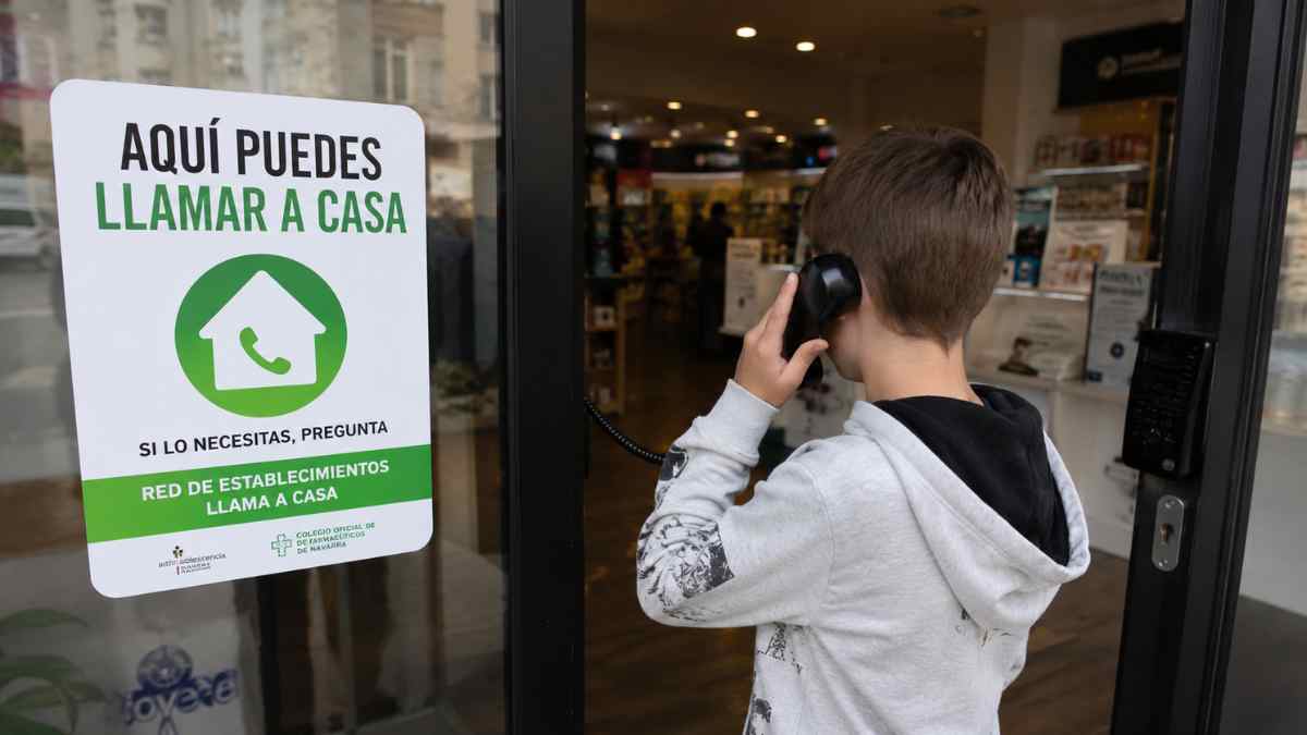 Niño llamando gratis desde una tienda adherida a la red para retrasar el uso del móvil infantil en España