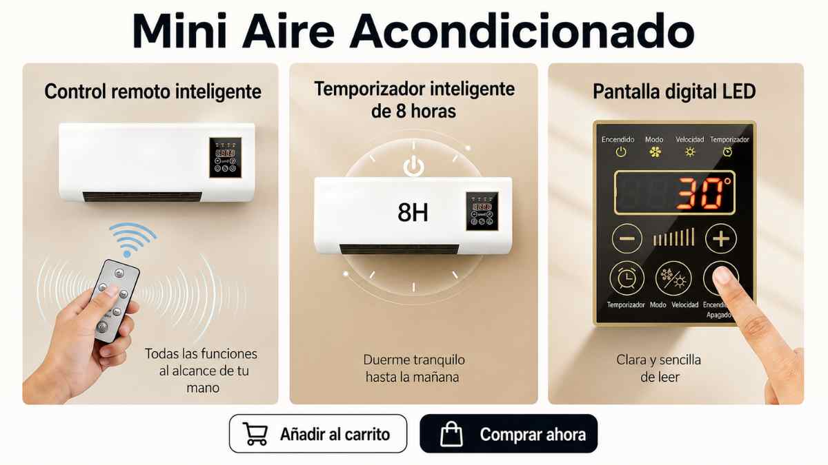 Aire acondicionado compacto con mando a distancia, temporizador y pantalla LED para habitaciones pequeñas