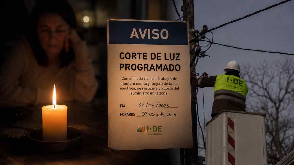 Trabajador reparando la red eléctrica durante un corte de luz programado en Madrid mientras una vecina permanece sin suministro en casa