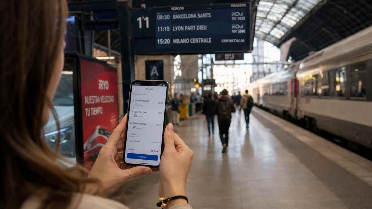 Mujer consultando un billete único para viajar en tren por Europa desde el móvil en una estación ferroviaria