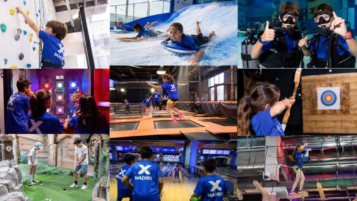 Campamento de verano X-Madrid 2026 con actividades de surf, buceo, escalada, tiro con arco y deportes para niños