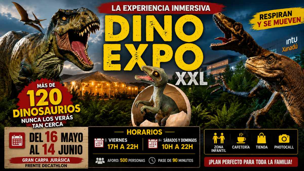 Exposición Dino Expo XXL en intu Xanadú Madrid con más de 120 dinosaurios animatrónicos a tamaño real
