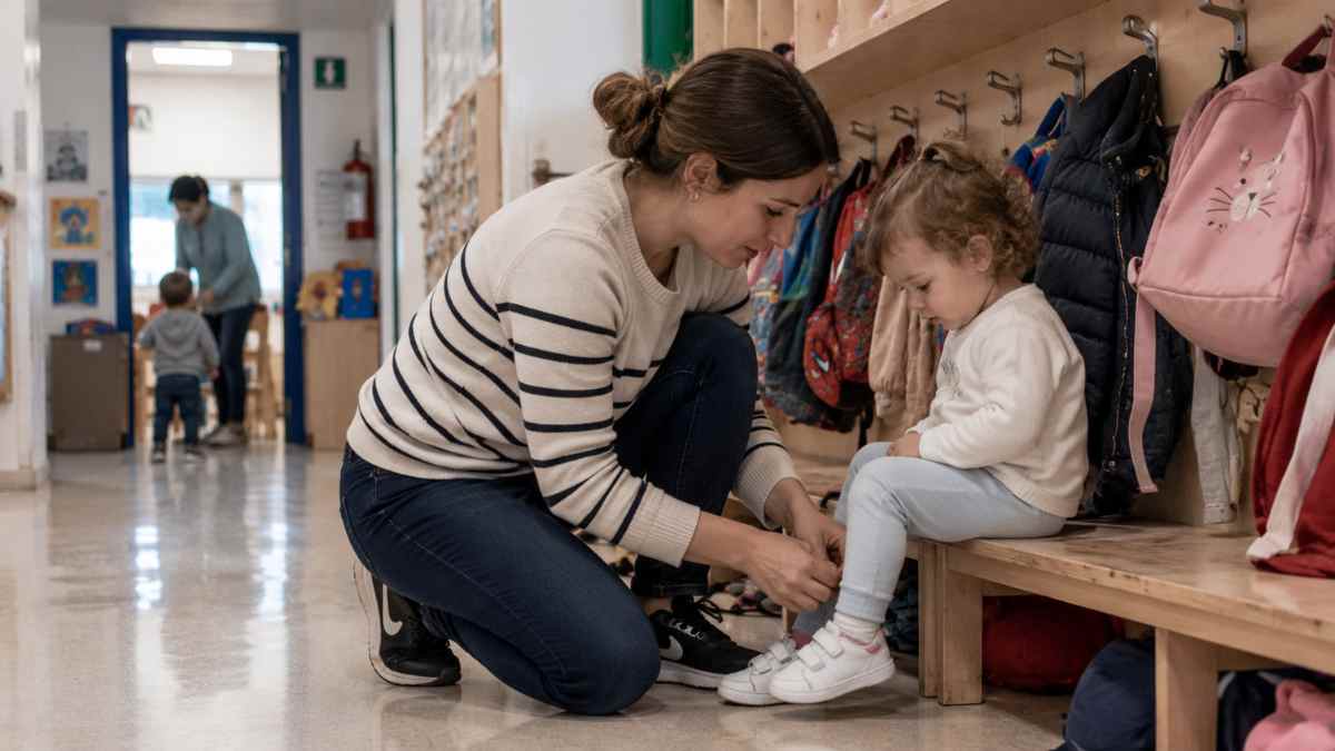 Madre dejando a su hija en una escuela infantil privada de Madrid para acceder a las becas de Educación Infantil 2026