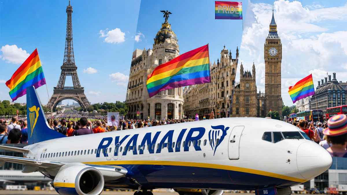 Avión de Ryanair durante la campaña del Pride con vuelos baratos a Madrid, París y Londres desde 24,99 euros