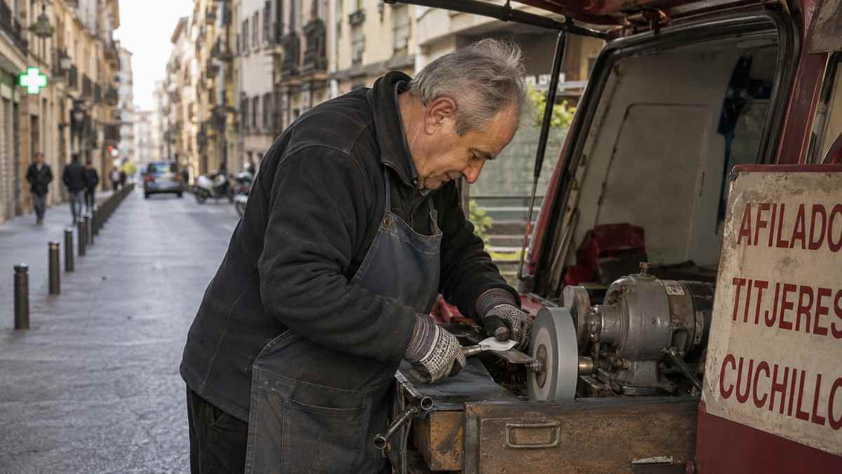 Afilador de Madrid trabajando en el afilado de cuchillos en su taller móvil en una calle de la capital